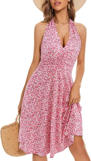 Women's Summer Floral Print Haltter Neck Sleeveless Mini Dress Ruched Waist Ruffle Hem Sundress Vacation Beach Oufits