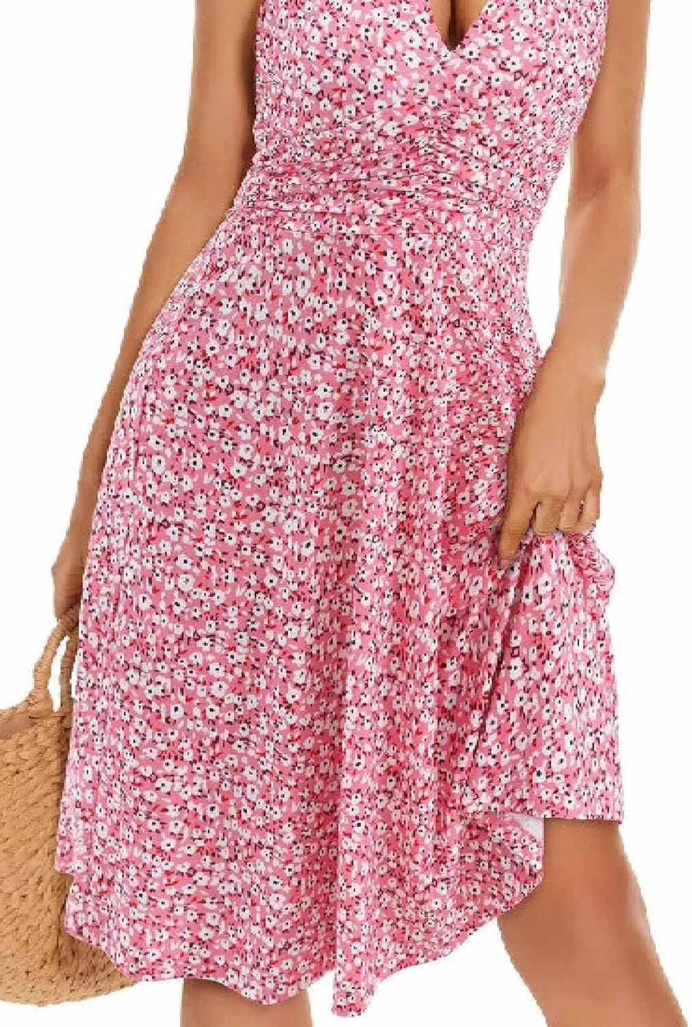 Women's Summer Floral Print Haltter Neck Sleeveless Mini Dress Ruched Waist Ruffle Hem Sundress Vacation Beach Oufits
