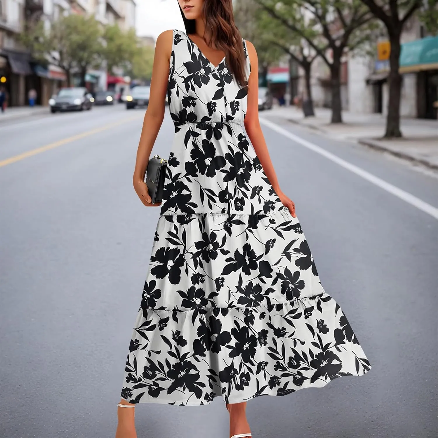 Women's Summer Maxi Dress Casual Boho Floral V Neck Sleeve Ruffle Hem Beach Long Dresses