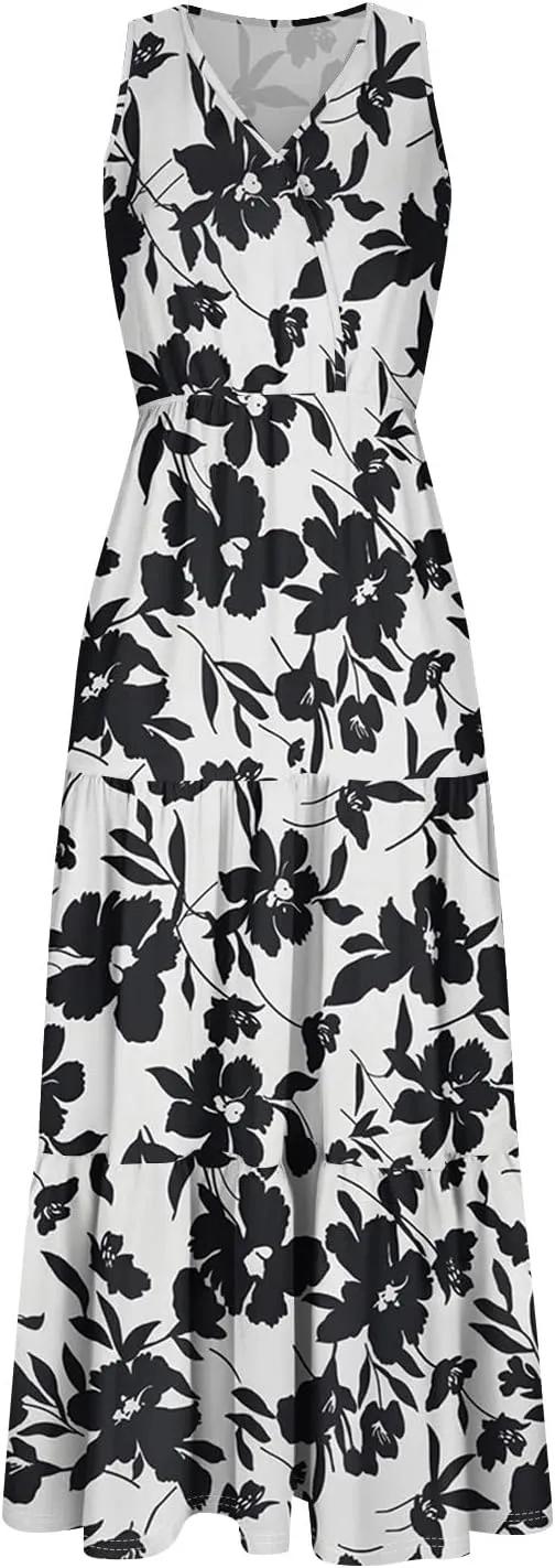 Women's Summer Maxi Dress Casual Boho Floral V Neck Sleeve Ruffle Hem Beach Long Dresses