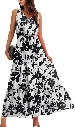 Women's Summer Maxi Dress Casual Boho Floral V Neck Sleeve Ruffle Hem Beach Long Dresses