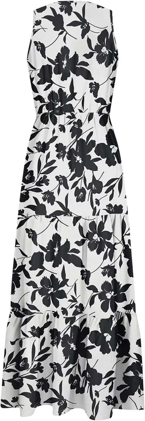 Women's Summer Maxi Dress Casual Boho Floral V Neck Sleeve Ruffle Hem Beach Long Dresses
