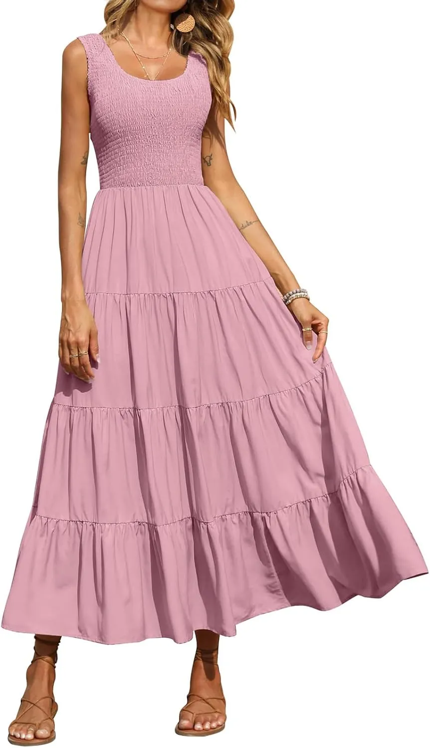 Womens Summer Maxi Sundress Sleeveless Smocked Tiered Tank A-Line Dresses Casual Loose Plain Swing Beach Dress