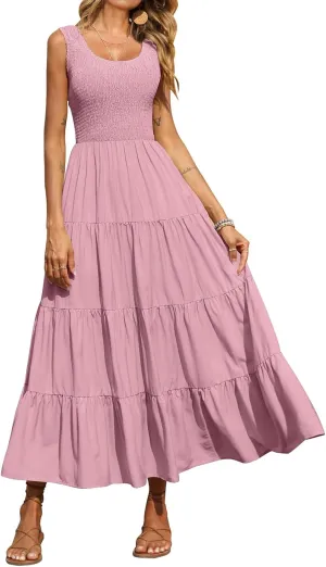 Womens Summer Maxi Sundress Sleeveless Smocked Tiered Tank A-Line Dresses Casual Loose Plain Swing Beach Dress