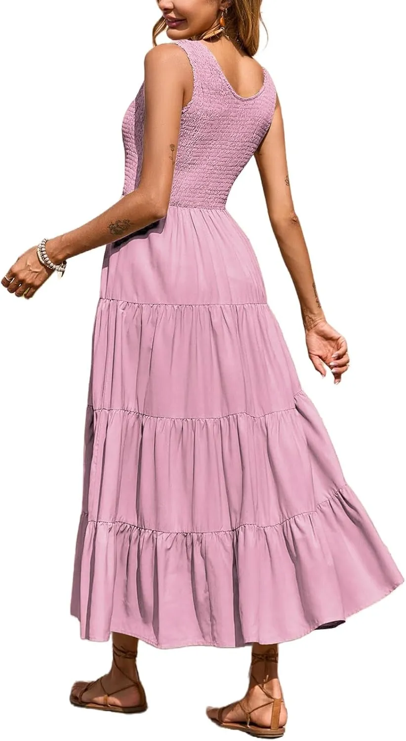 Womens Summer Maxi Sundress Sleeveless Smocked Tiered Tank A-Line Dresses Casual Loose Plain Swing Beach Dress