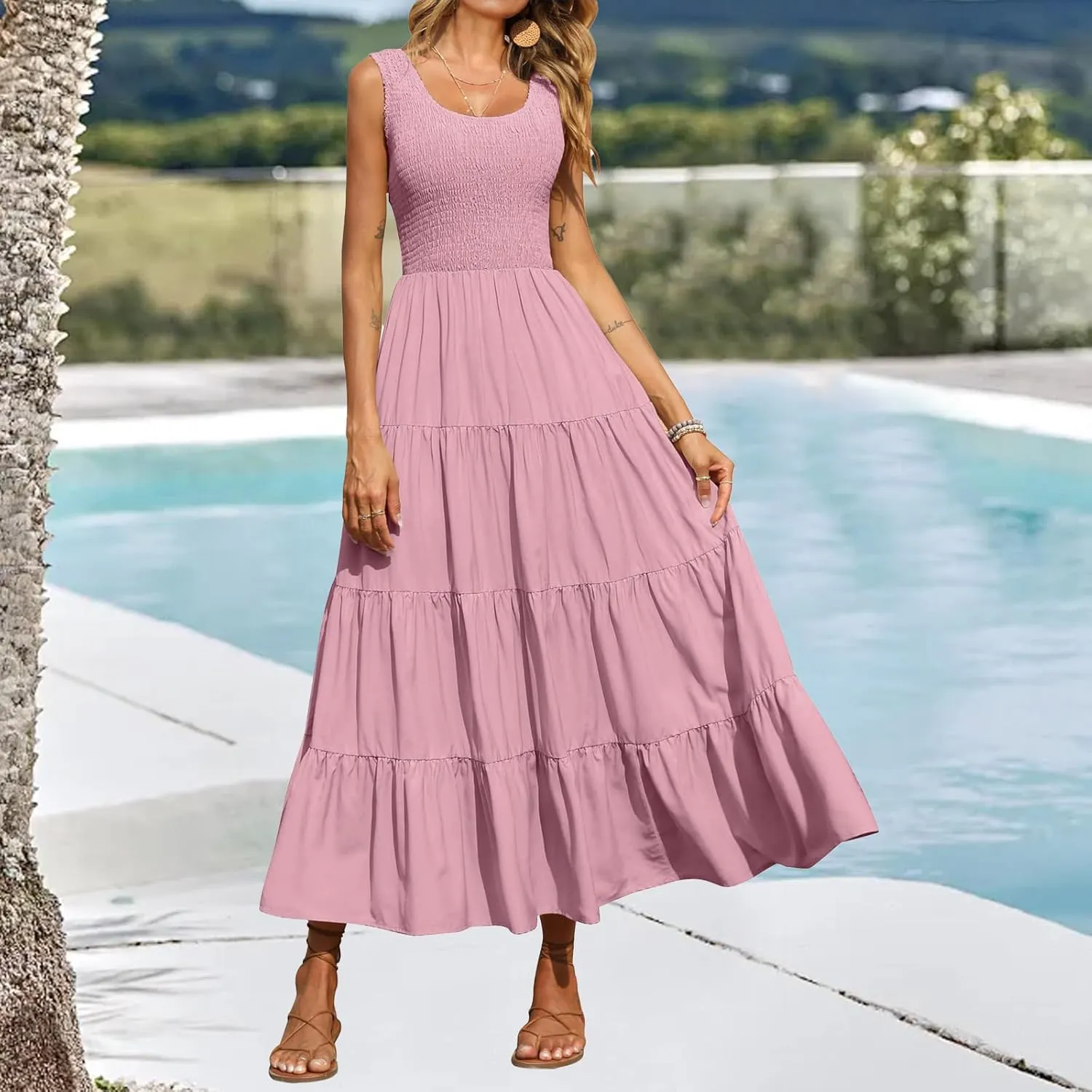 Womens Summer Maxi Sundress Sleeveless Smocked Tiered Tank A-Line Dresses Casual Loose Plain Swing Beach Dress