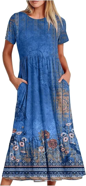 Women's Summer Short Sleeve A-Line Midi Dresses Casual Floral T-Shirt Dress Flowy Beach Sundress with Pockets