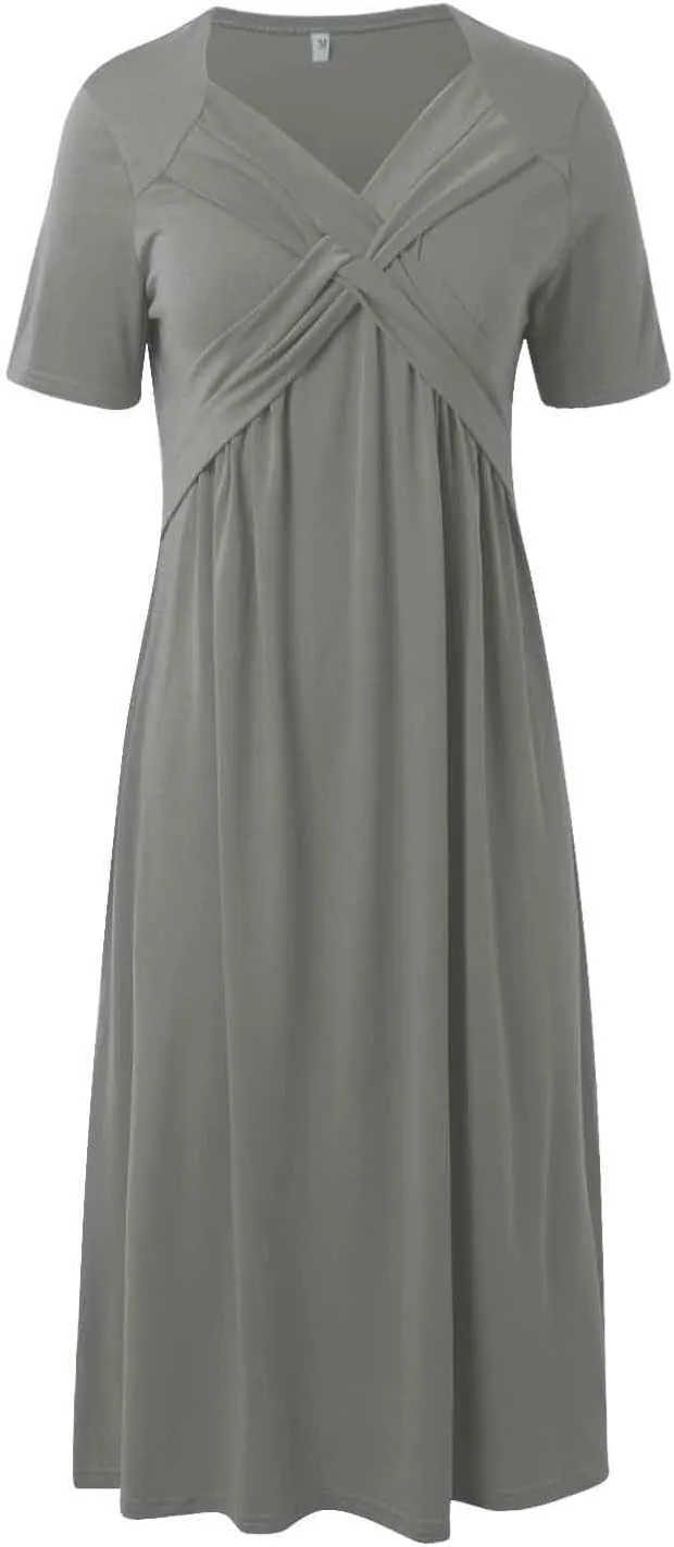 Women's Summer Short Sleeve Maxi Dress 2025 Casual V Neck High Waist A-Line Flowy Loose Solid Boho Long Dresses