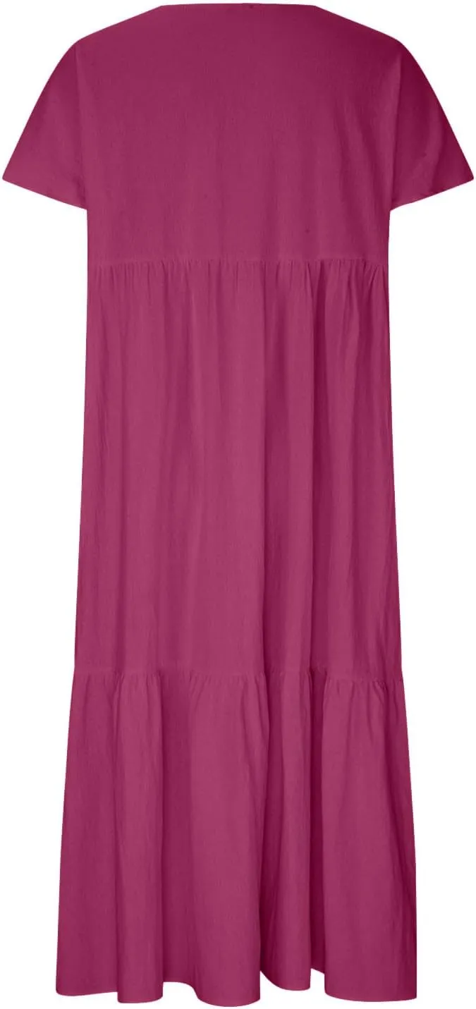 Womens Summer Short Sleeve V Neck Midi Dress 2025 Fashion Casual Fit Flowy Tiered Boho Beach Vacation Sundress