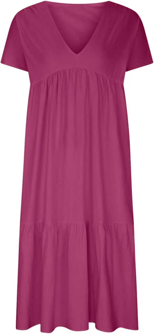 Womens Summer Short Sleeve V Neck Midi Dress 2025 Fashion Casual Fit Flowy Tiered Boho Beach Vacation Sundress