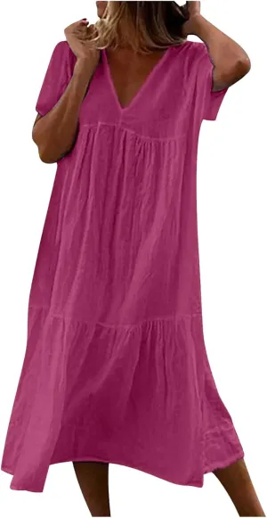 Womens Summer Short Sleeve V Neck Midi Dress 2025 Fashion Casual Fit Flowy Tiered Boho Beach Vacation Sundress