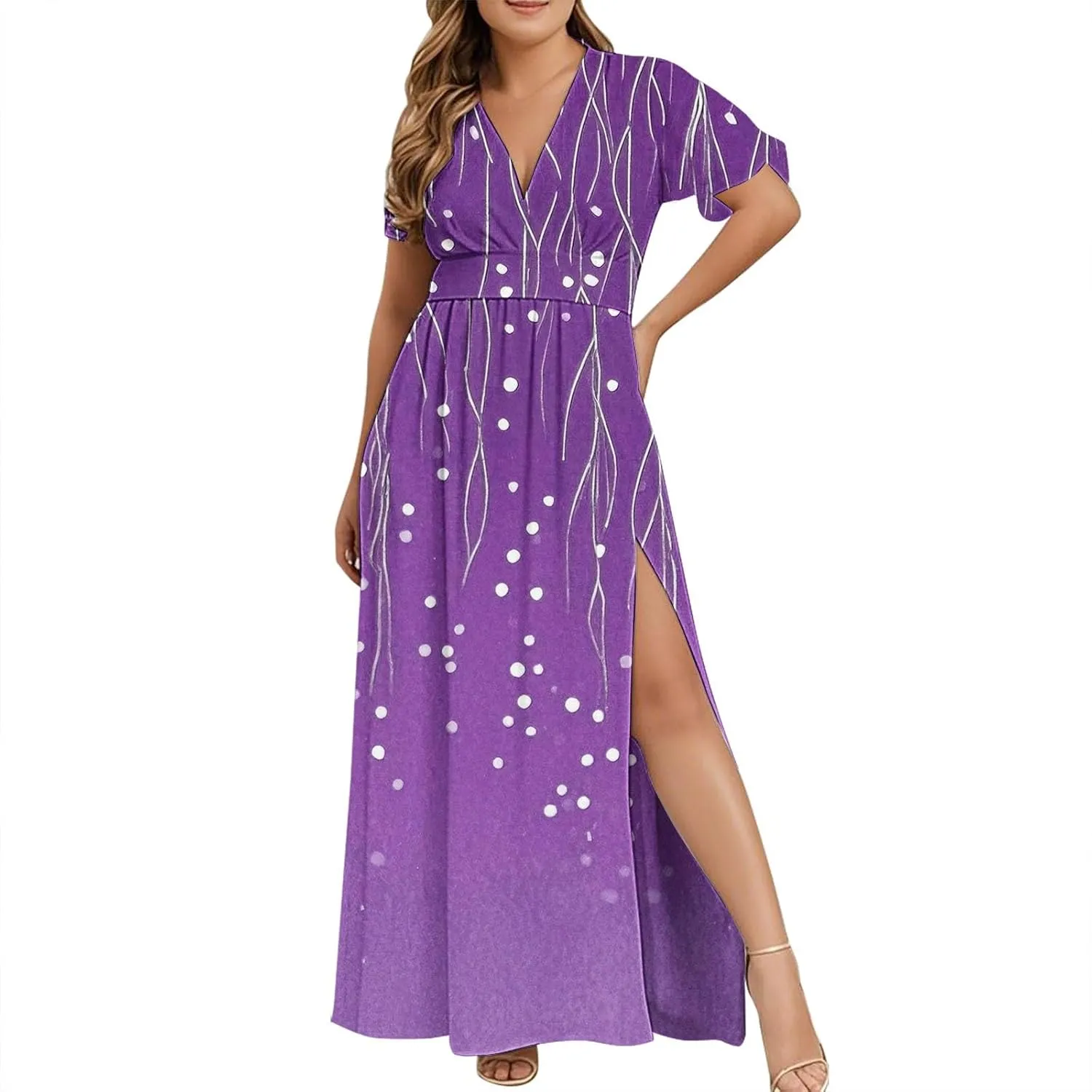 Womens Summer Wrap Maxi Dress Casual Boho Floral V Neck Short Sleeve Plus Size Hem Split Beach Long Dresses