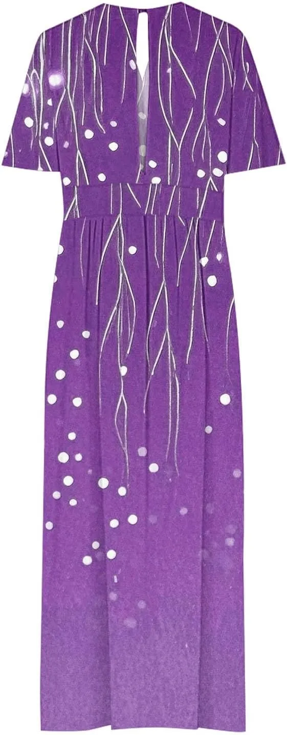 Womens Summer Wrap Maxi Dress Casual Boho Floral V Neck Short Sleeve Plus Size Hem Split Beach Long Dresses