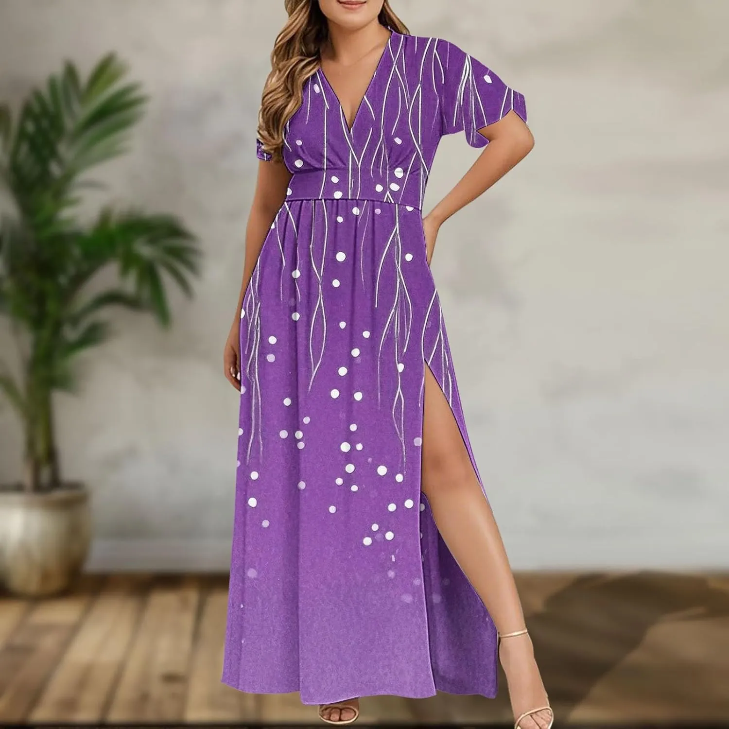 Womens Summer Wrap Maxi Dress Casual Boho Floral V Neck Short Sleeve Plus Size Hem Split Beach Long Dresses