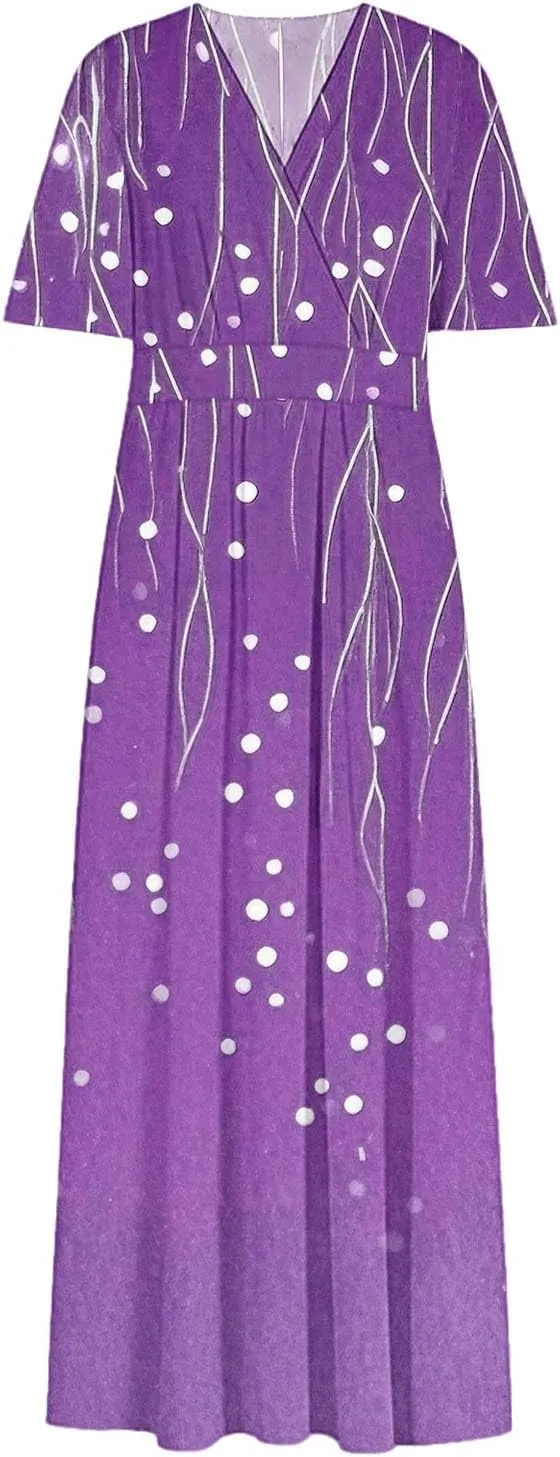 Womens Summer Wrap Maxi Dress Casual Boho Floral V Neck Short Sleeve Plus Size Hem Split Beach Long Dresses