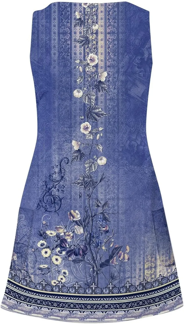 Women's Sundresses 2024 Casual Beach Tank Dress Flared V Neck Sleeveless Mini Dress with Pockets