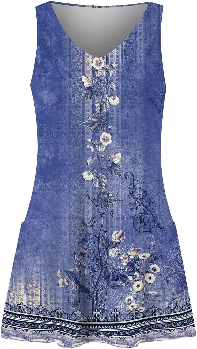 Women's Sundresses 2024 Casual Beach Tank Dress Flared V Neck Sleeveless Mini Dress with Pockets