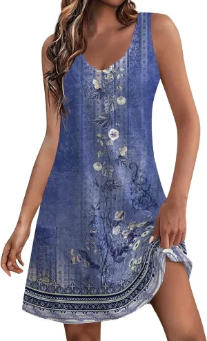 Women's Sundresses 2024 Casual Beach Tank Dress Flared V Neck Sleeveless Mini Dress with Pockets