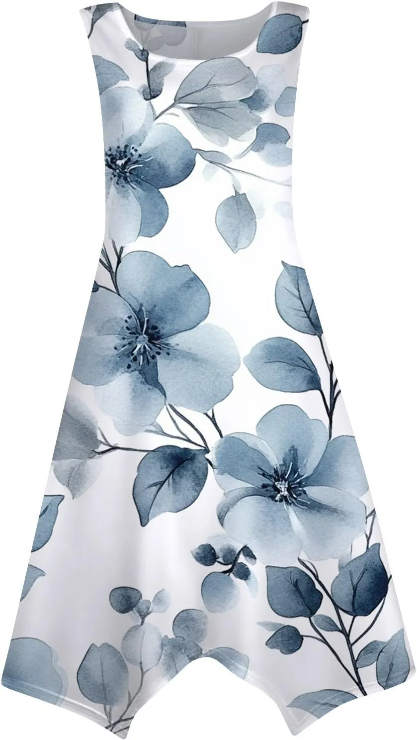 Women's Sundresses Round Neck Sleeveless Tank Dress Vintage Floral Print with Irregular Hem Mid Casual Dresses, S-2XL