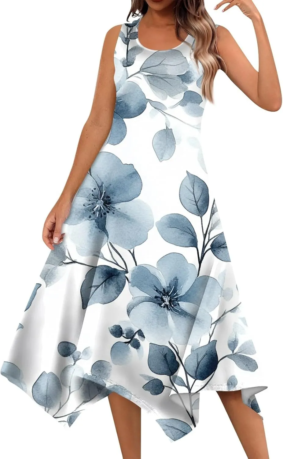 Women's Sundresses Round Neck Sleeveless Tank Dress Vintage Floral Print with Irregular Hem Mid Casual Dresses, S-2XL