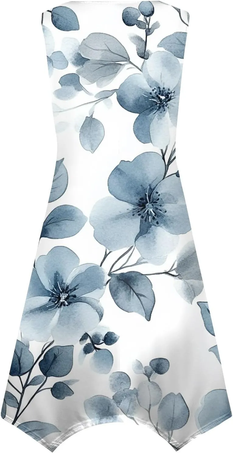 Women's Sundresses Round Neck Sleeveless Tank Dress Vintage Floral Print with Irregular Hem Mid Casual Dresses, S-2XL