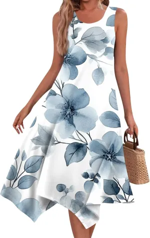 Women's Sundresses Round Neck Sleeveless Tank Dress Vintage Floral Print with Irregular Hem Mid Casual Dresses, S-2XL