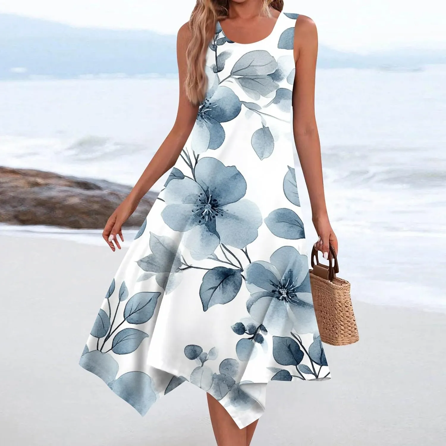 Women's Sundresses Round Neck Sleeveless Tank Dress Vintage Floral Print with Irregular Hem Mid Casual Dresses, S-2XL