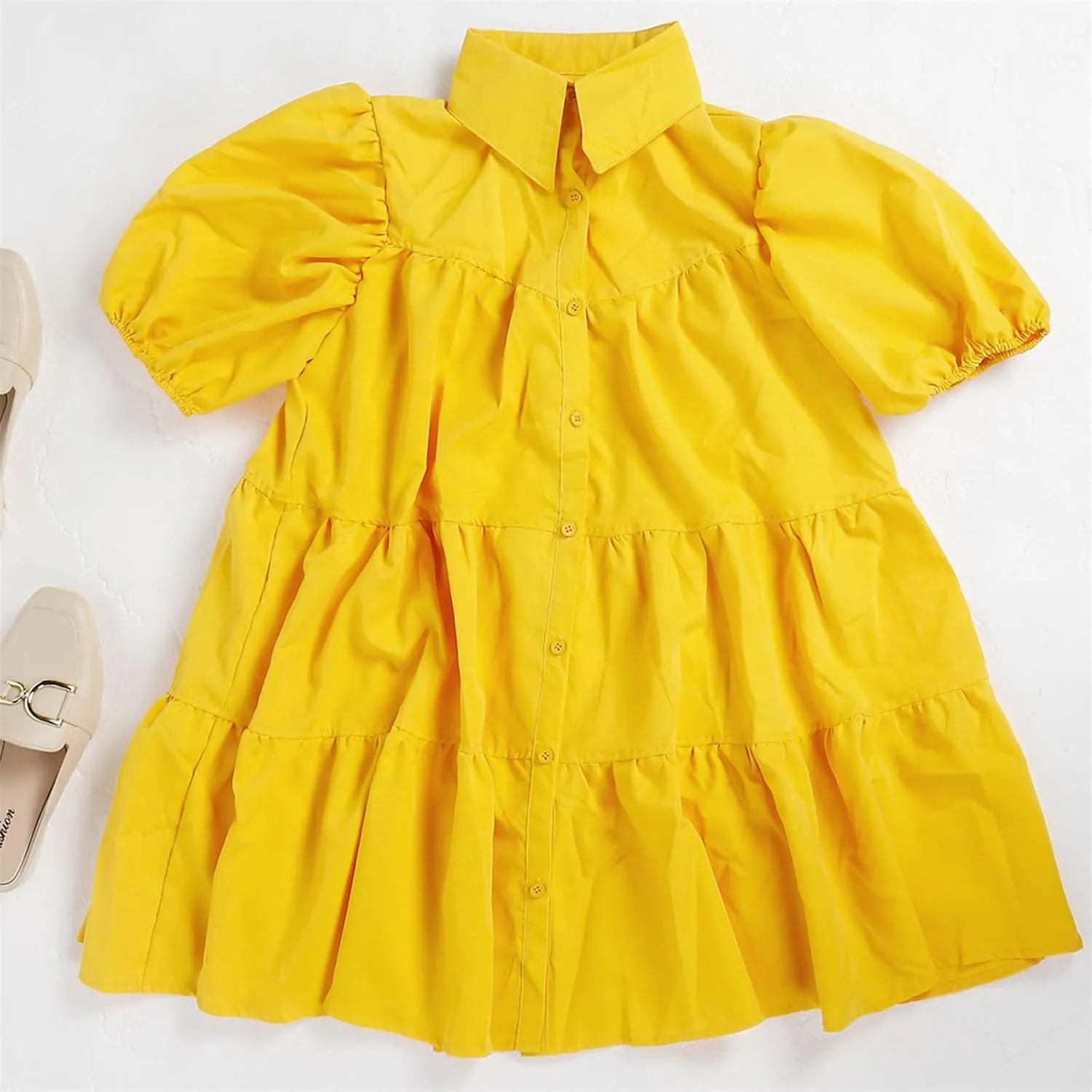 Women's Tiered Babydoll Mini Shirt Dress Loose Puff Sleeve Ruffle Hem Pleated Mini Shirt Dress