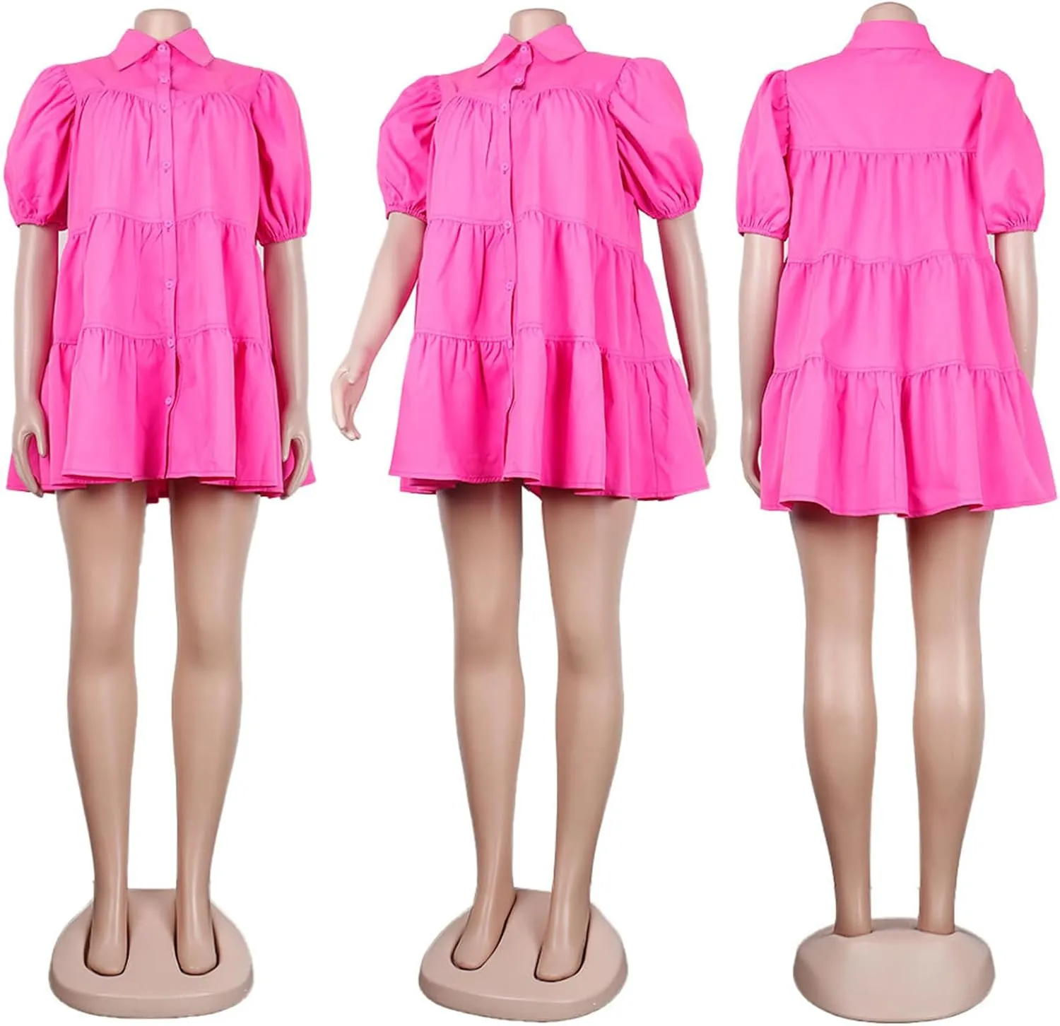 Women's Tiered Babydoll Mini Shirt Dress Loose Puff Sleeve Ruffle Hem Pleated Mini Shirt Dress