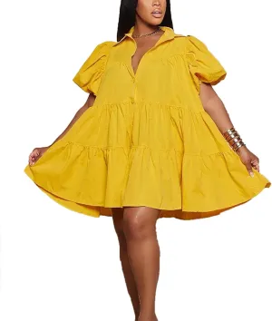 Women's Tiered Babydoll Mini Shirt Dress Loose Puff Sleeve Ruffle Hem Pleated Mini Shirt Dress
