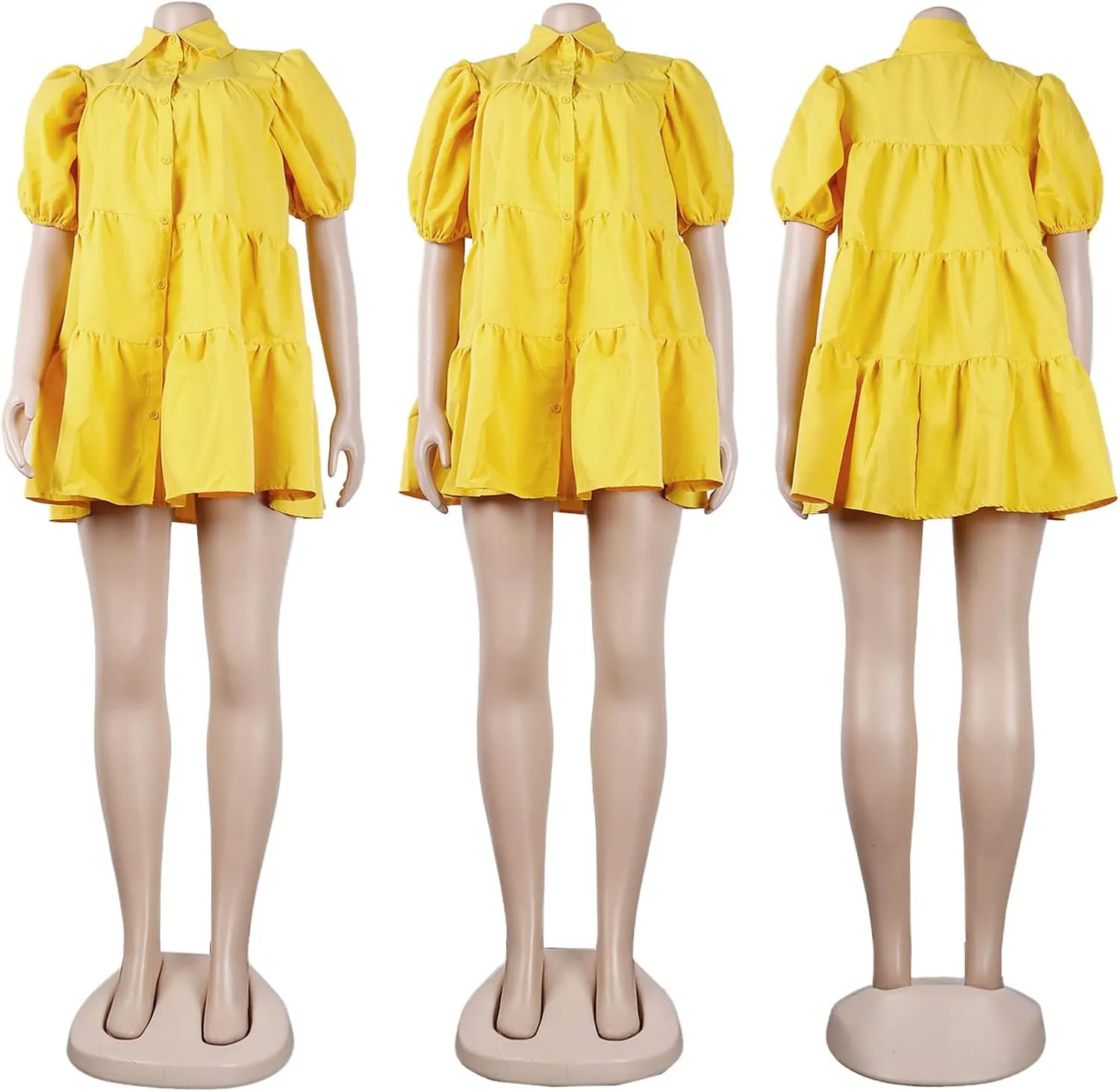 Women's Tiered Babydoll Mini Shirt Dress Loose Puff Sleeve Ruffle Hem Pleated Mini Shirt Dress