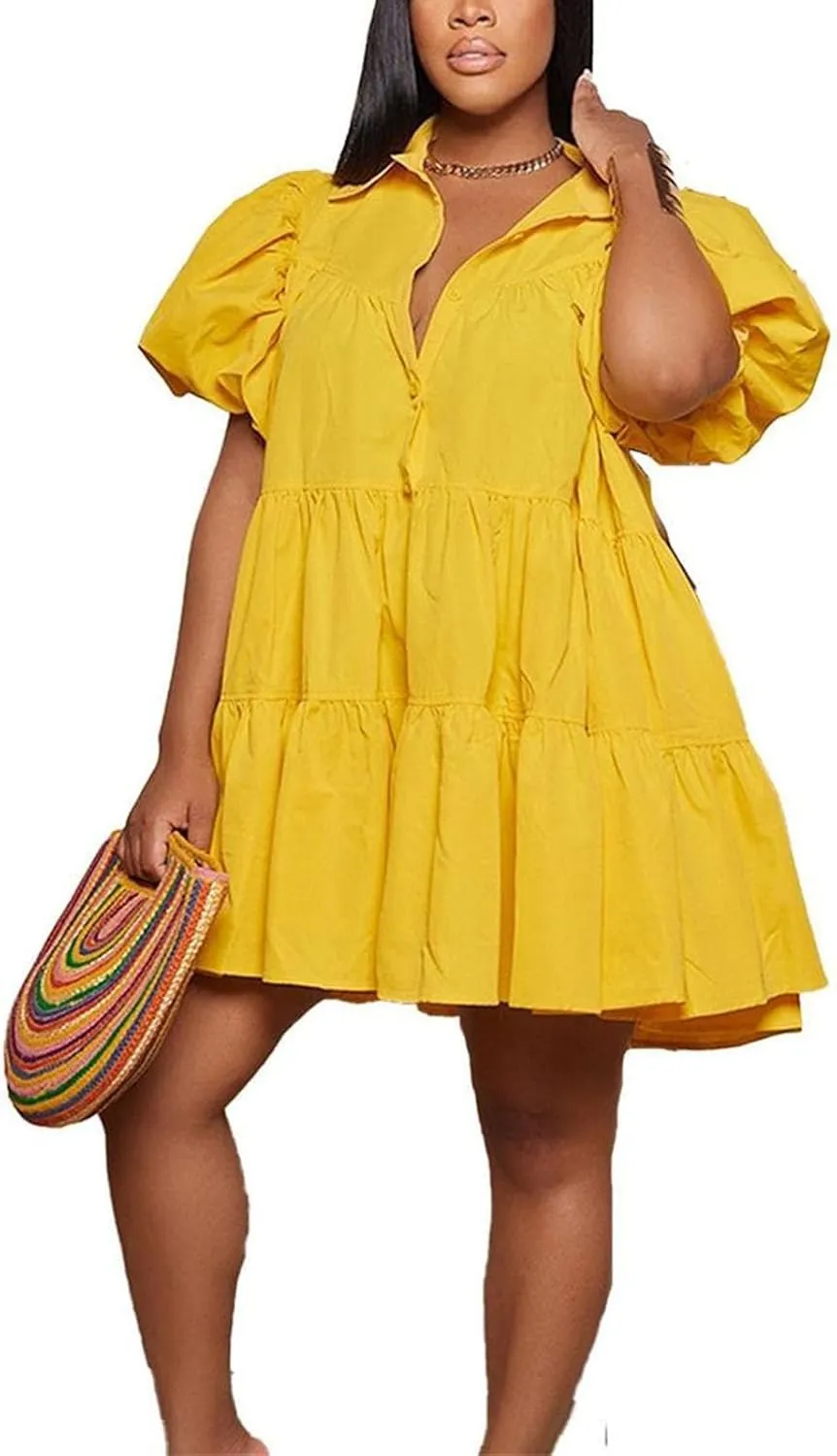 Women's Tiered Babydoll Mini Shirt Dress Loose Puff Sleeve Ruffle Hem Pleated Mini Shirt Dress