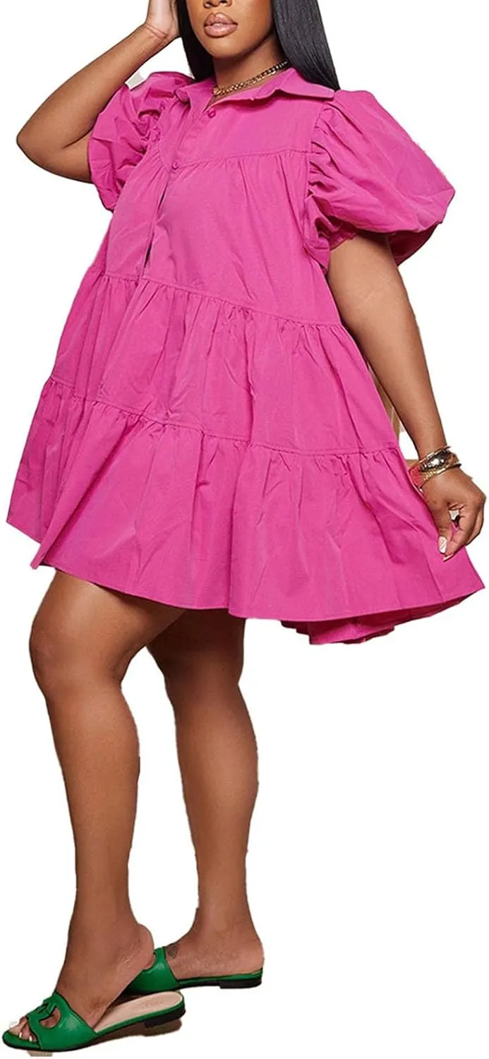 Women's Tiered Babydoll Mini Shirt Dress Loose Puff Sleeve Ruffle Hem Pleated Mini Shirt Dress
