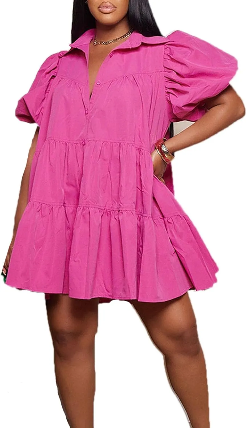 Women's Tiered Babydoll Mini Shirt Dress Loose Puff Sleeve Ruffle Hem Pleated Mini Shirt Dress