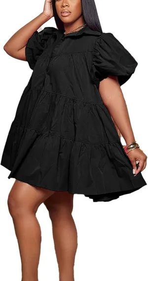 Women's Tiered Babydoll Mini Shirt Dress Loose Puff Sleeve Ruffle Hem Pleated Mini Shirt Dress