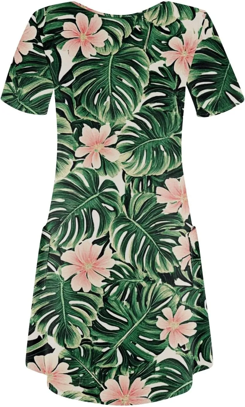 Womens Trendy Summer Short Sleeve Dress Floral Printed Mini Dresses with Pockets V Neck Beach Tshirt Sundress