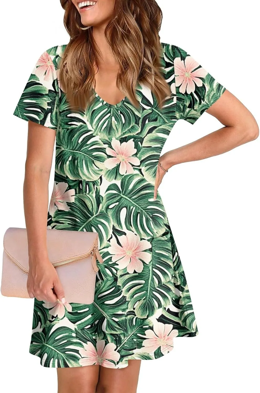 Womens Trendy Summer Short Sleeve Dress Floral Printed Mini Dresses with Pockets V Neck Beach Tshirt Sundress