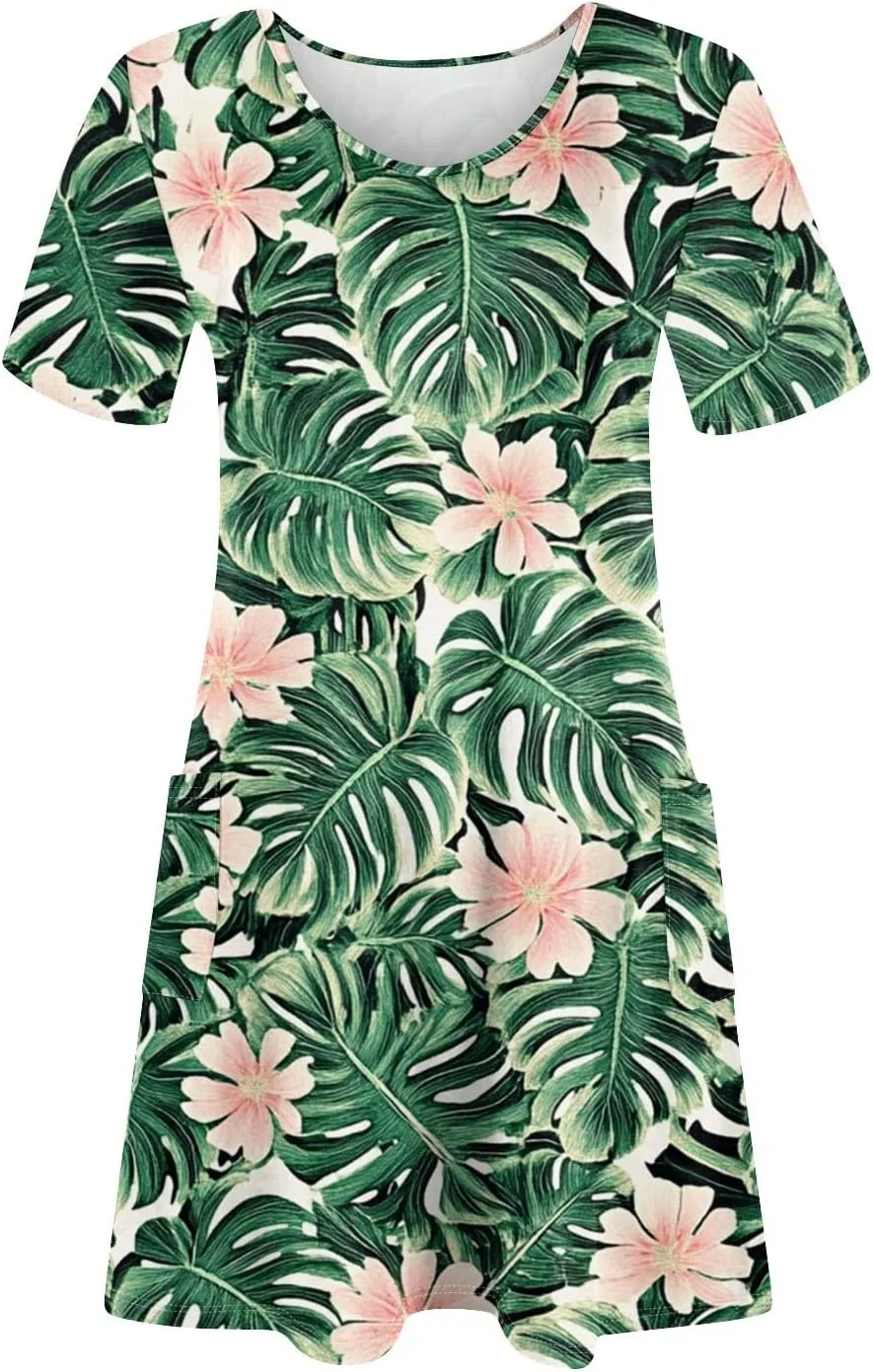 Womens Trendy Summer Short Sleeve Dress Floral Printed Mini Dresses with Pockets V Neck Beach Tshirt Sundress