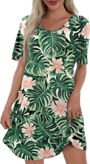 Womens Trendy Summer Short Sleeve Dress Floral Printed Mini Dresses with Pockets V Neck Beach Tshirt Sundress