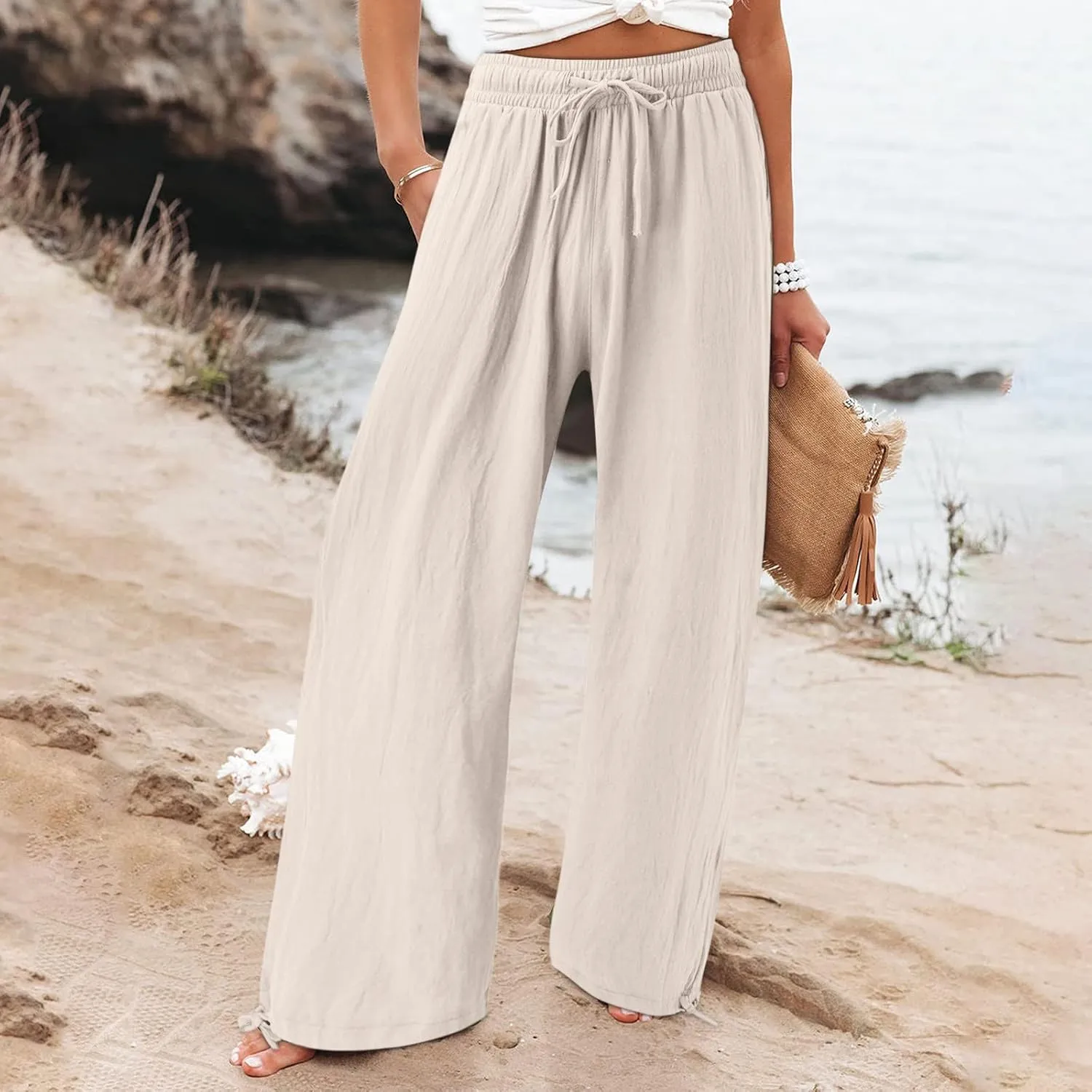 Womens Trousers High Waisted Drawstring Cotton Linen Pants Wide Leg Lounge Pants with Pockets, Small-5X-Large