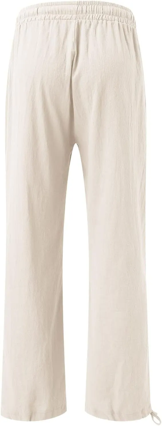 Womens Trousers High Waisted Drawstring Cotton Linen Pants Wide Leg Lounge Pants with Pockets, Small-5X-Large