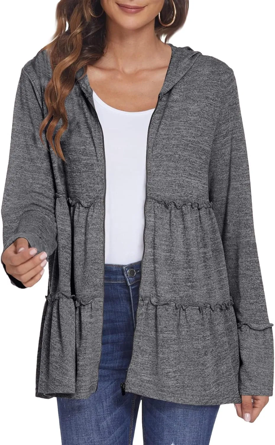Women's Zip Up Blouses Long Sleeve V Neck Dressy Peplum Casual Tops Babydoll Shirts Fashion Lightweight Hoodies