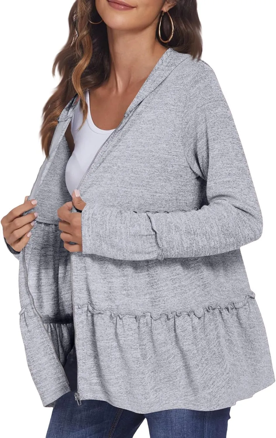 Women's Zip Up Blouses Long Sleeve V Neck Dressy Peplum Casual Tops Babydoll Shirts Fashion Lightweight Hoodies