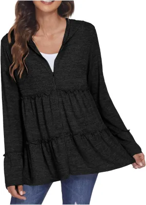 Women's Zip Up Blouses Long Sleeve V Neck Dressy Peplum Casual Tops Babydoll Shirts Fashion Lightweight Hoodies
