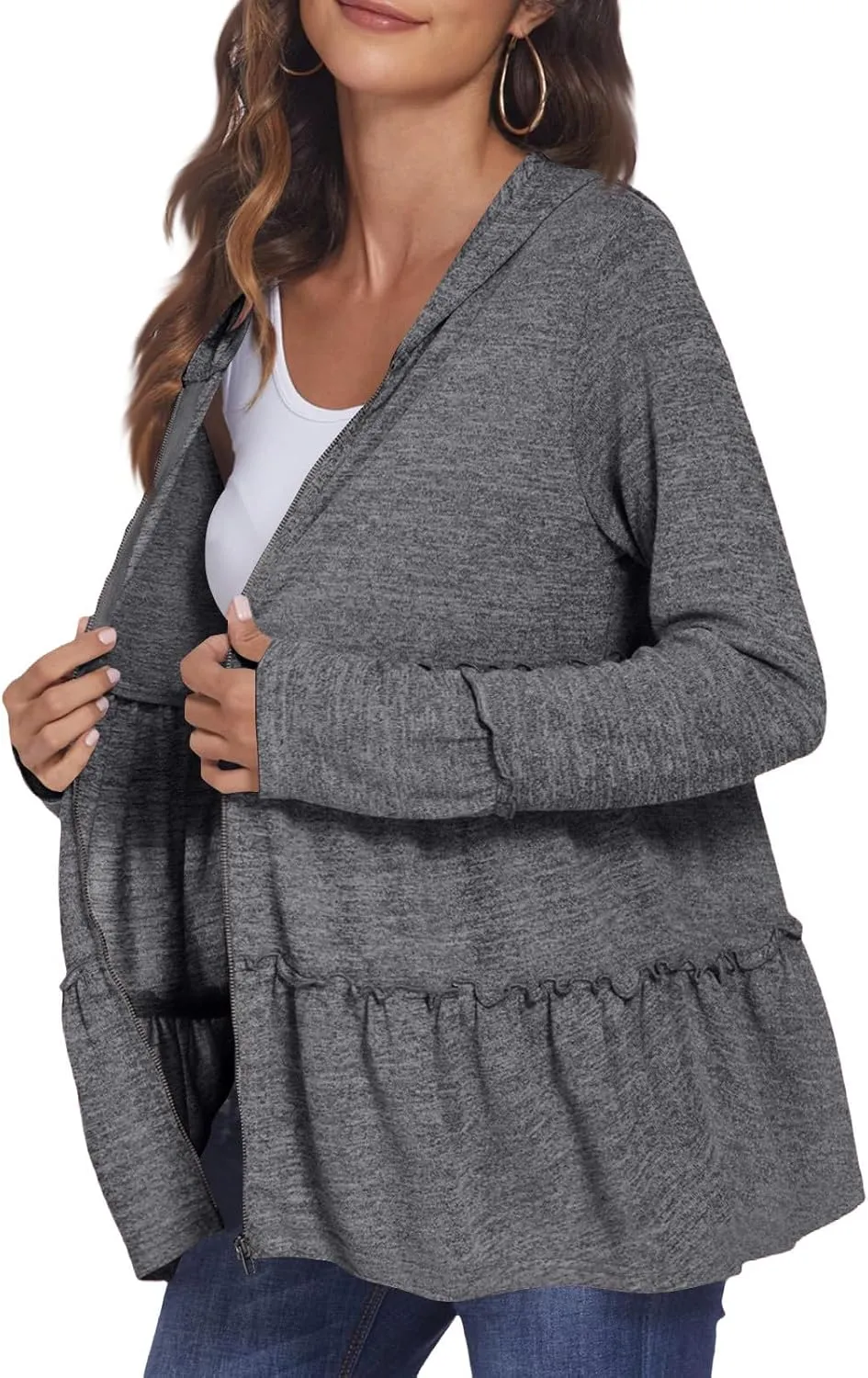 Women's Zip Up Blouses Long Sleeve V Neck Dressy Peplum Casual Tops Babydoll Shirts Fashion Lightweight Hoodies