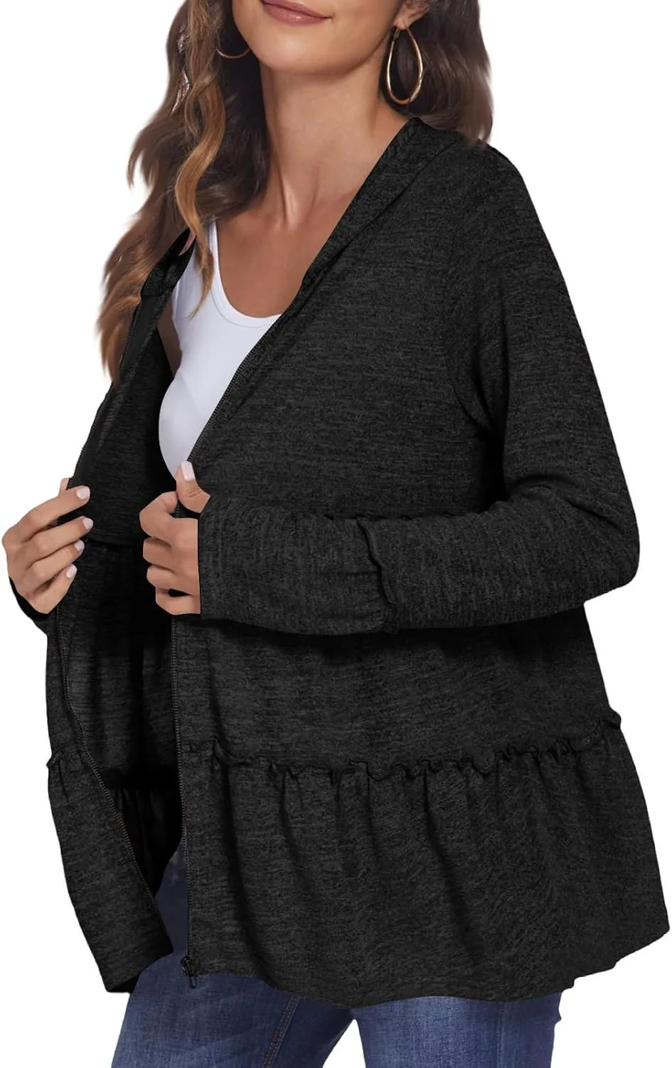 Women's Zip Up Blouses Long Sleeve V Neck Dressy Peplum Casual Tops Babydoll Shirts Fashion Lightweight Hoodies