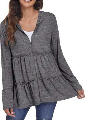 Women's Zip Up Blouses Long Sleeve V Neck Dressy Peplum Casual Tops Babydoll Shirts Fashion Lightweight Hoodies