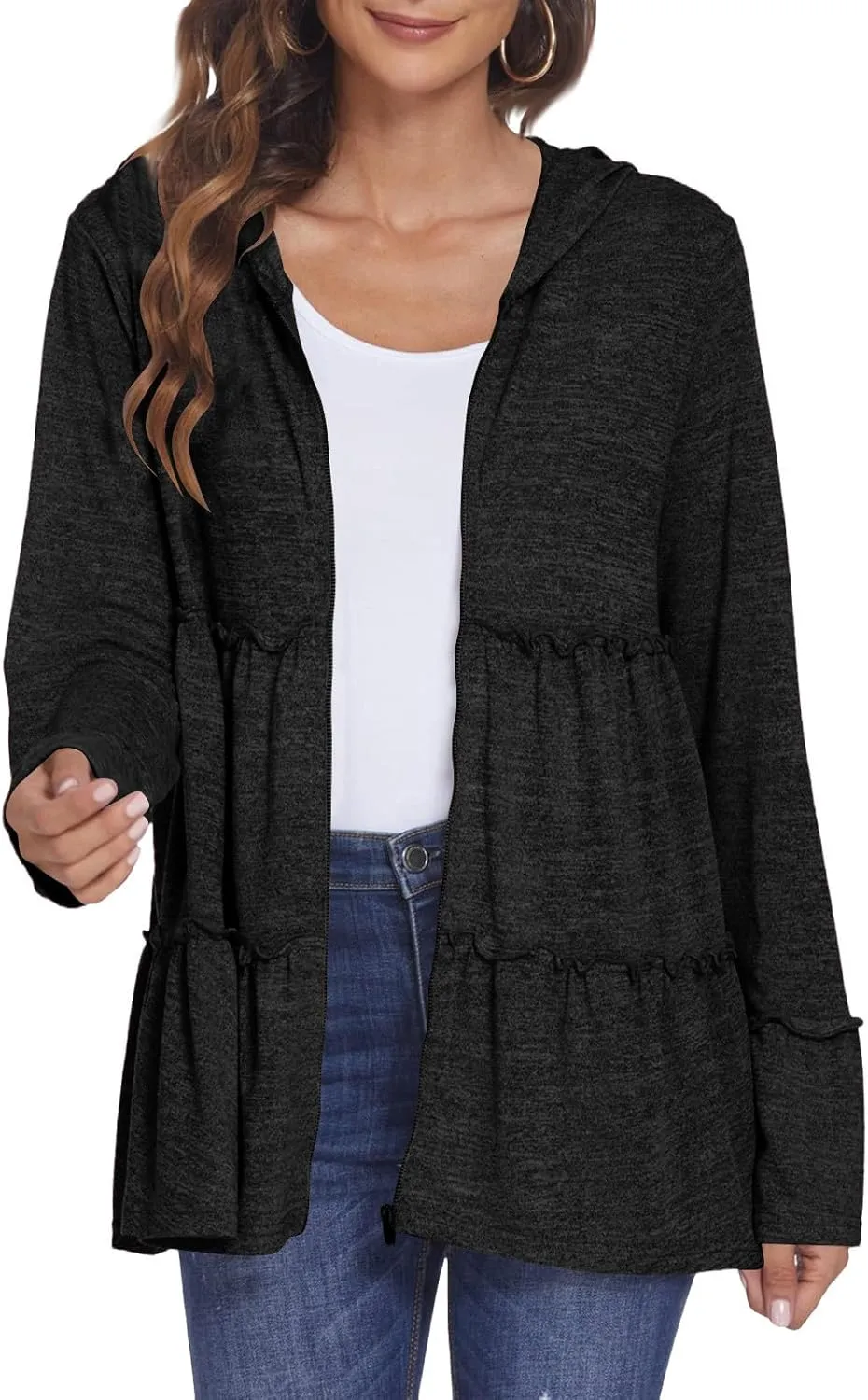 Women's Zip Up Blouses Long Sleeve V Neck Dressy Peplum Casual Tops Babydoll Shirts Fashion Lightweight Hoodies