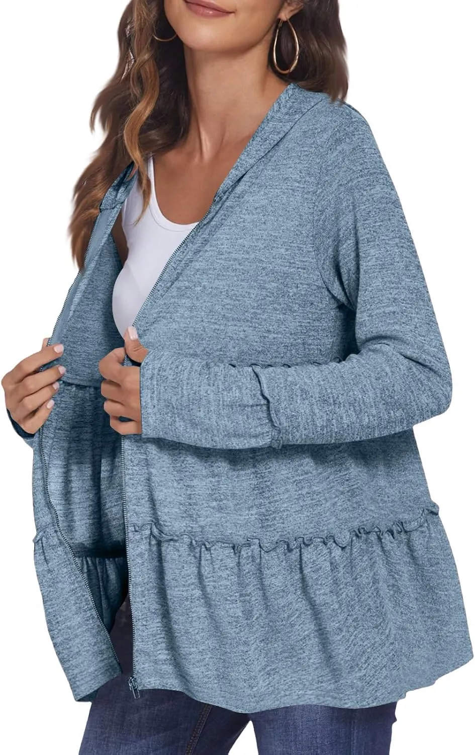 Women's Zip Up Blouses Long Sleeve V Neck Dressy Peplum Casual Tops Babydoll Shirts Fashion Lightweight Hoodies