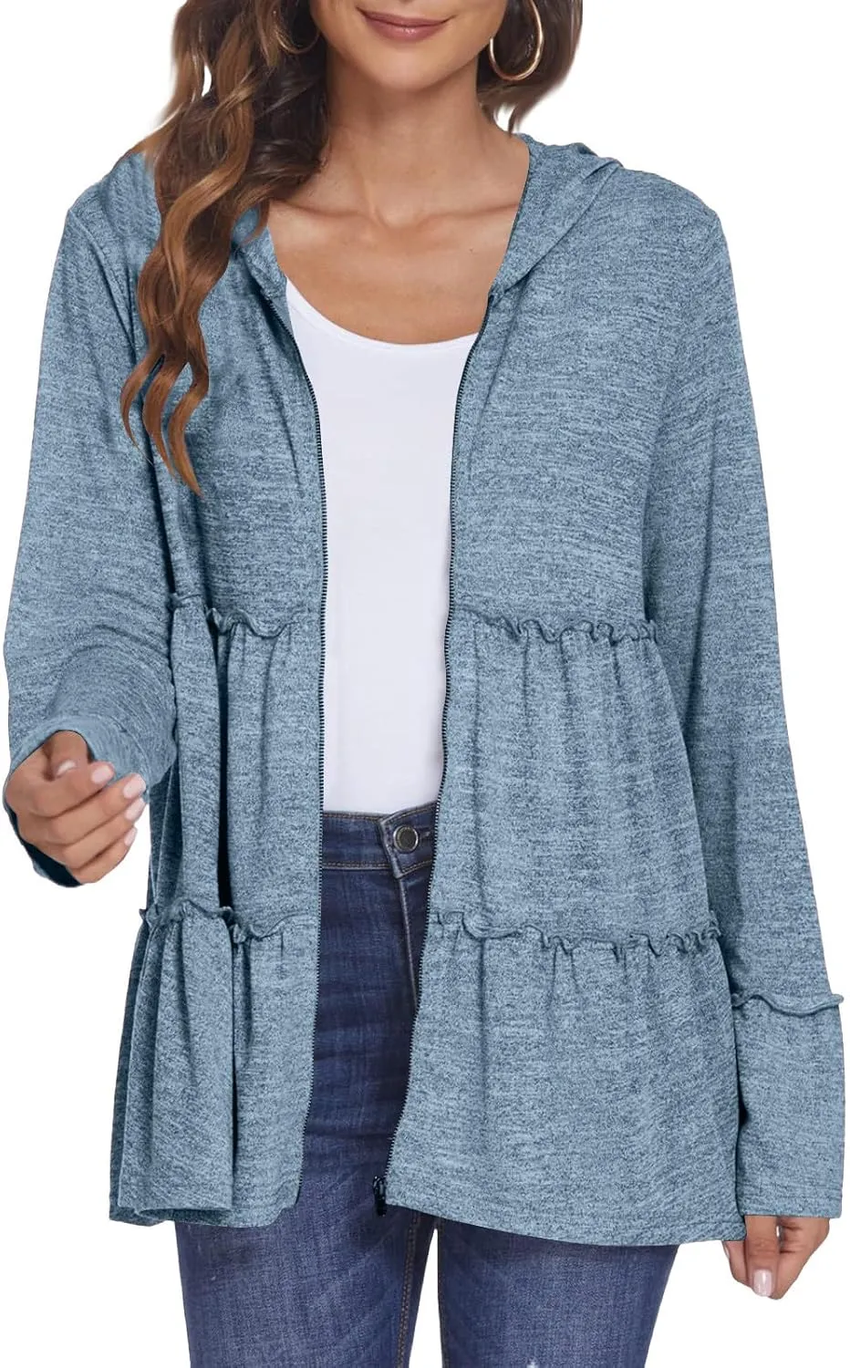 Women's Zip Up Blouses Long Sleeve V Neck Dressy Peplum Casual Tops Babydoll Shirts Fashion Lightweight Hoodies